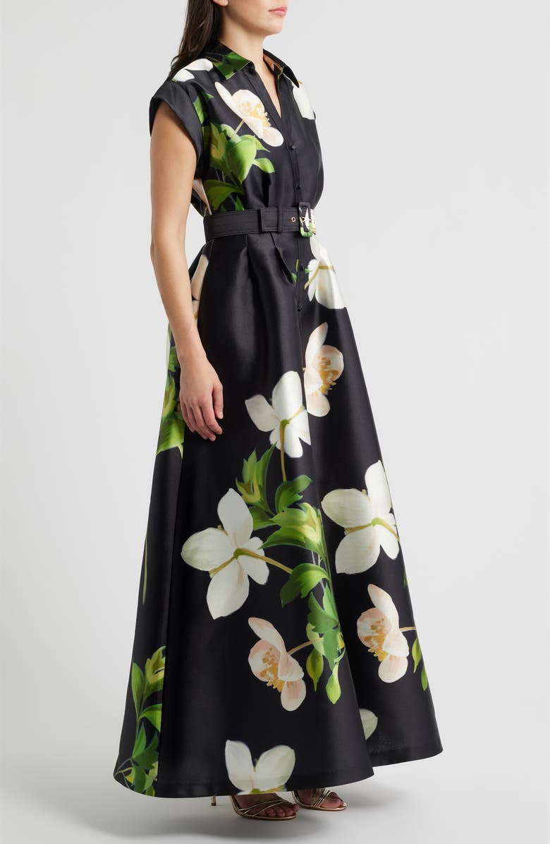 Julia Jordan Belted Floral Mikado Shirtdress, Alternate, color, Black