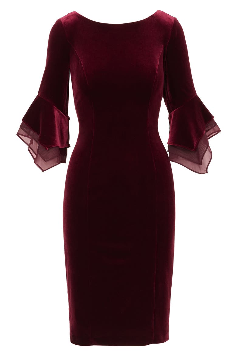 Velvet Bell Sleeve Sheath Dress, Alternate, color, BORDEAUX