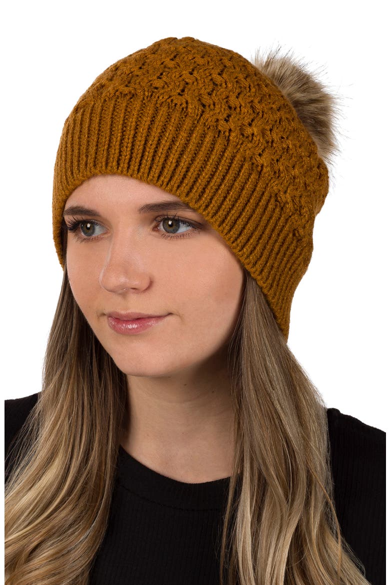 Faux Fur Pompom Beanie, Main, color, CAMEL
