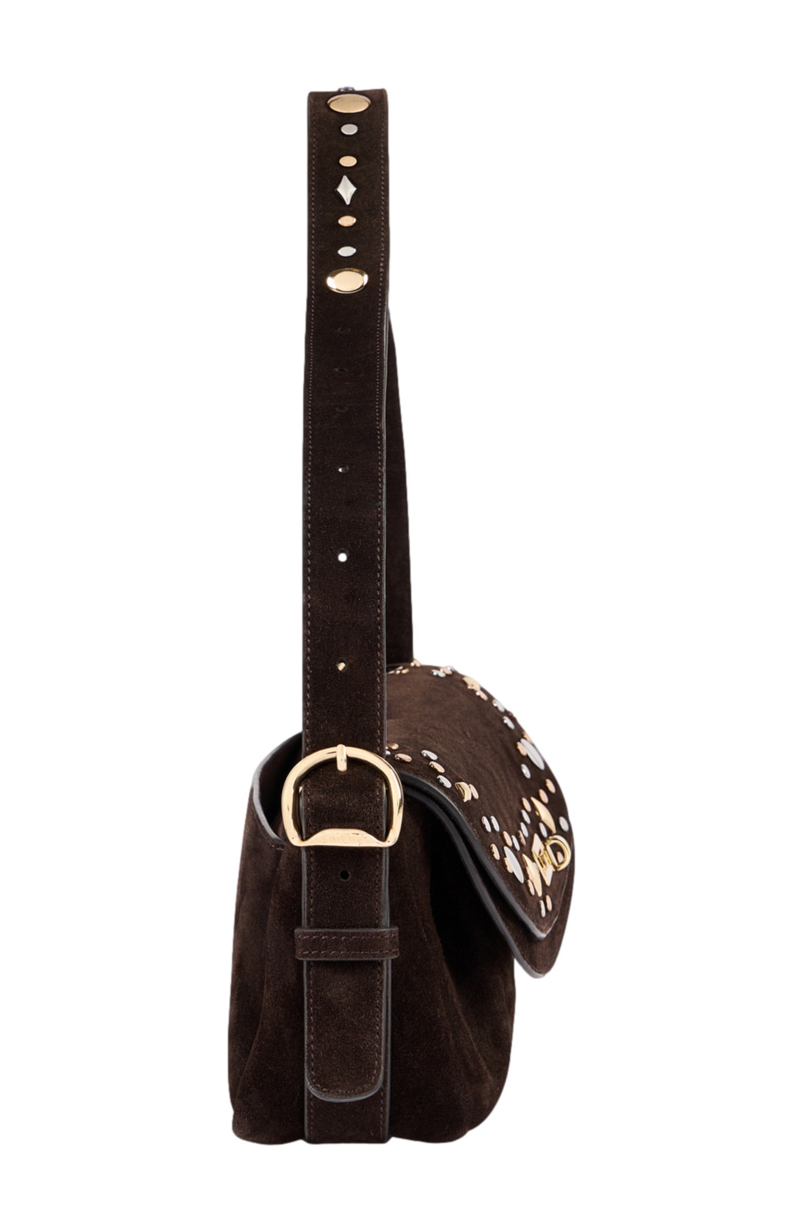 SANDRO LE MAMBO JANYS studded suede bag, Alternate, color, Black Brown