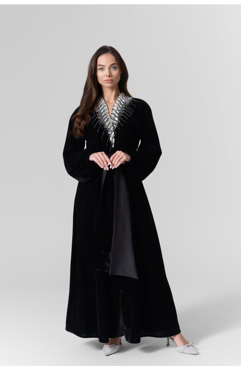 Le Fafo Luna Velvet Embellished Belted Dress, Main, color, Black