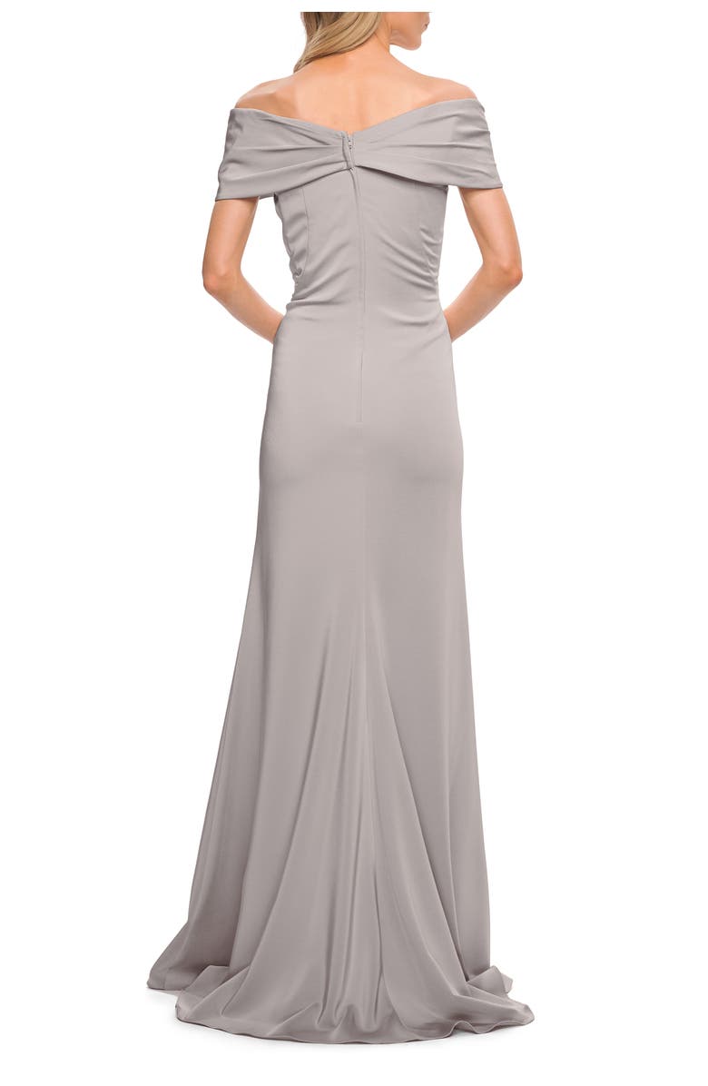 La Femme Simply Chic Off the Shoulder Jersey Gown, Alternate, color, Silver