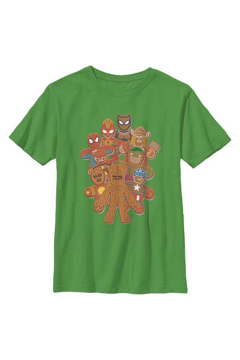 Boy's Marvel Christmas Gingerbread Cookie Heroes  Graphic T-Shirt, Main, color, Kelly Green