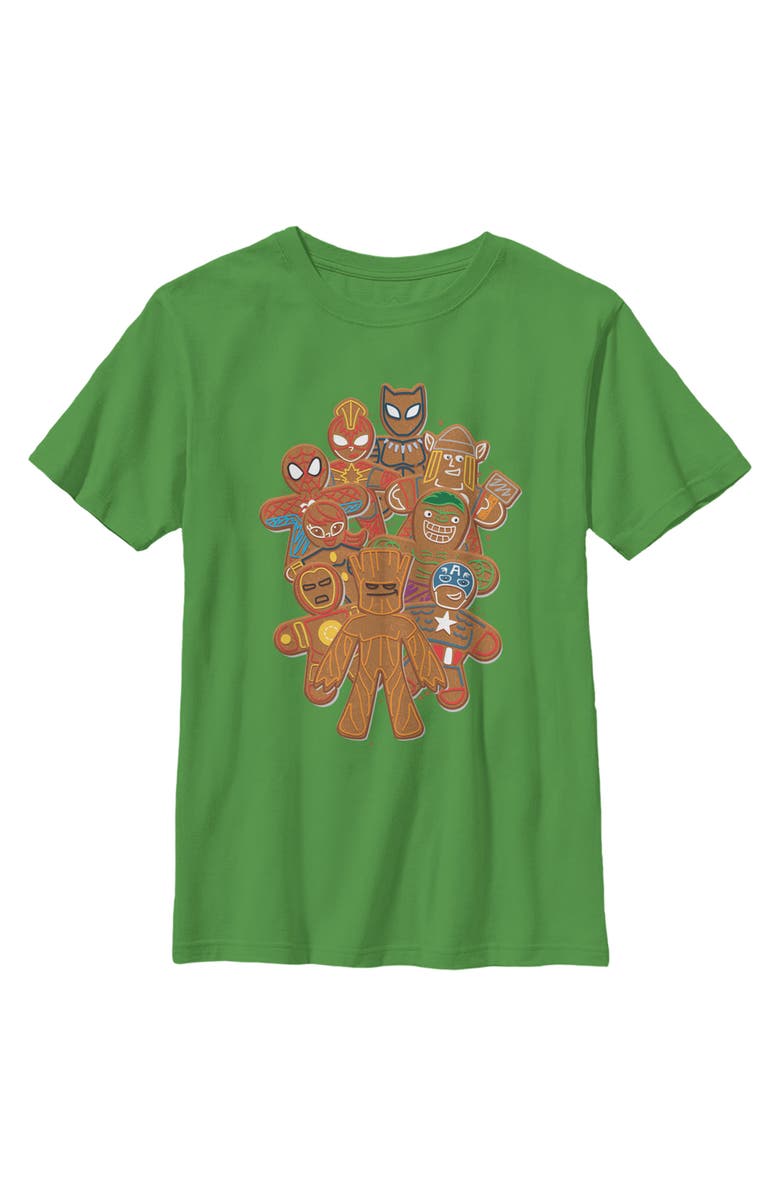 Marvel Boy's Marvel Christmas Gingerbread Cookie Heroes  Graphic T-Shirt, Main, color, Kelly Green