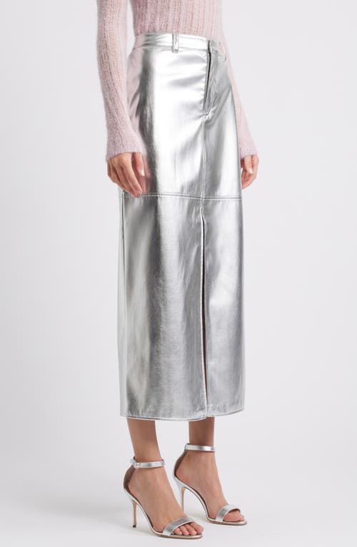 Open Edit Metallic Faux Leather Midi Skirt In Silver Metallic