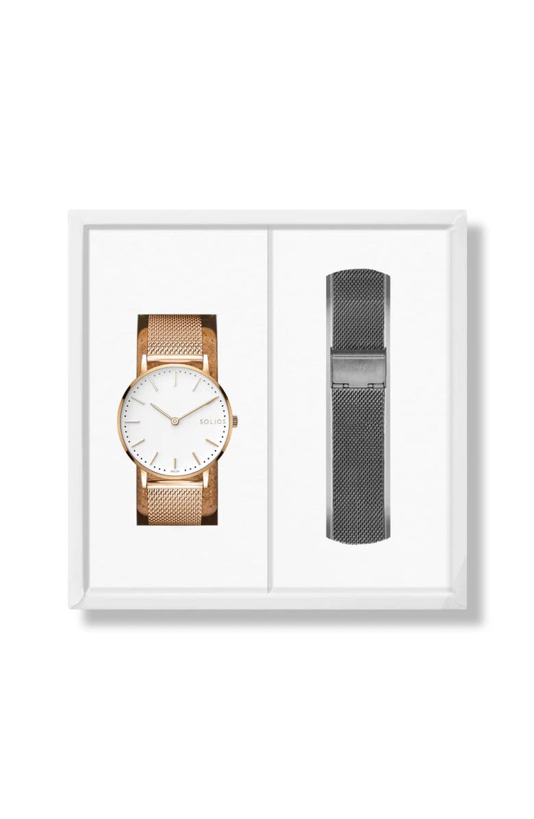 Solios Watches The Solar Classic Bundle | White Dial - Rose Gold Case, Main, color, 
