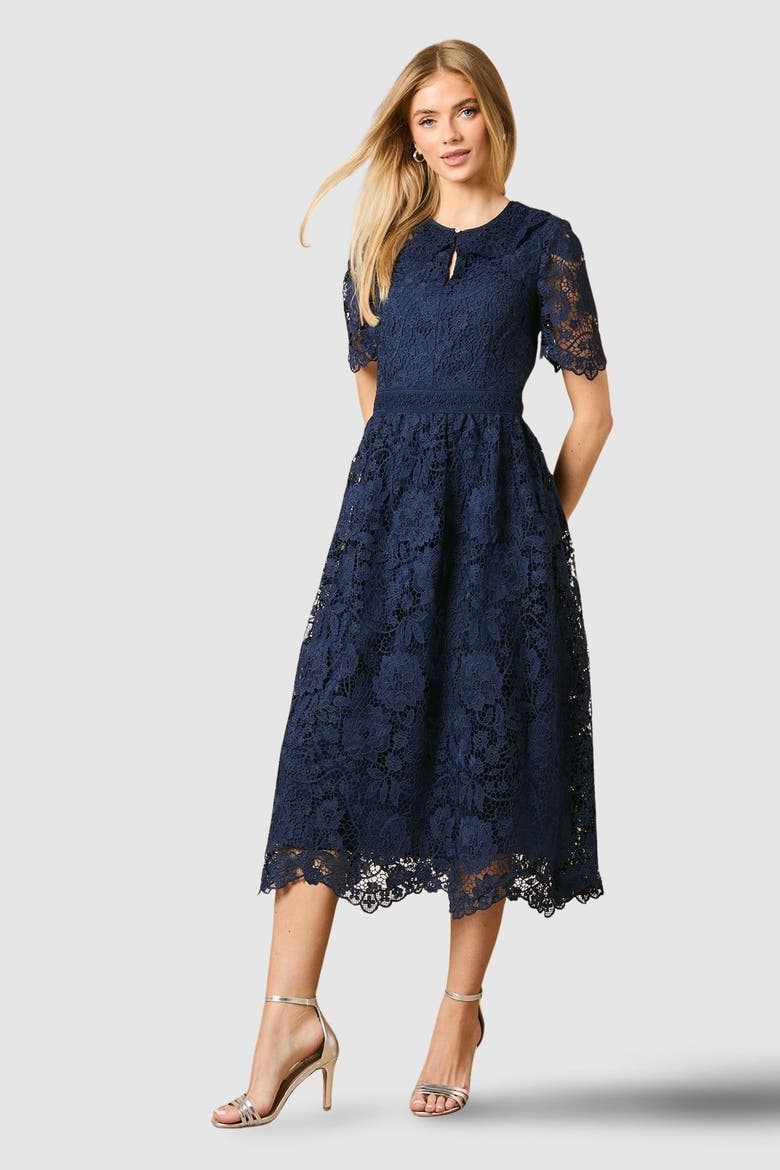 Occasion Lace Collared Midi Dress, Main, color, Navy