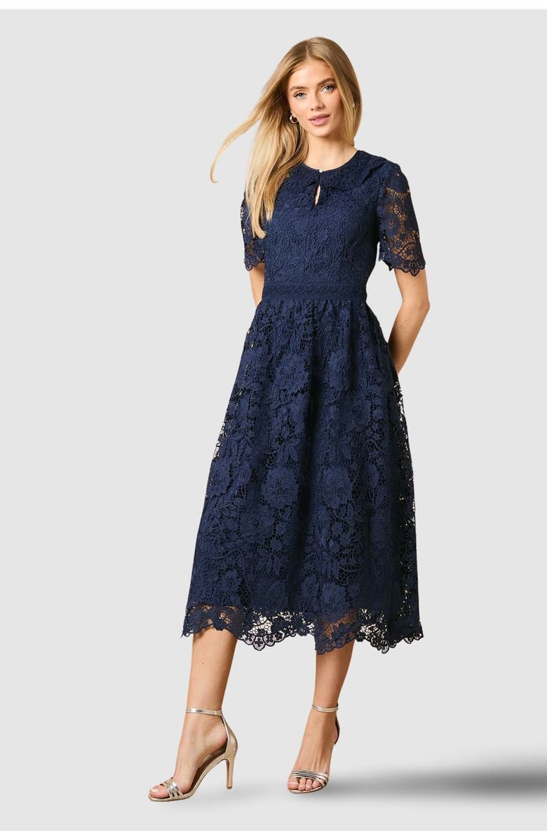 Oasis Occasion Lace Collared Midi Dress, Main, color, Navy
