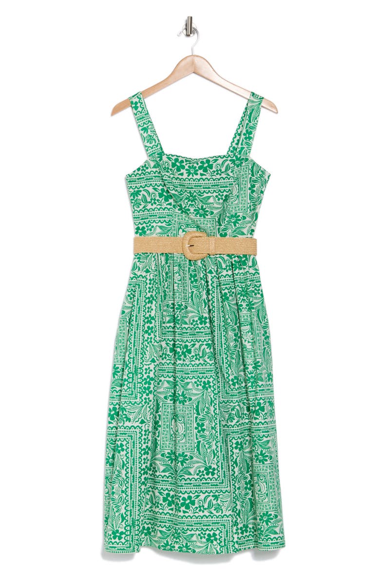 Print Belted Sleeveless Midi Dress, Alternate, color, GREEN