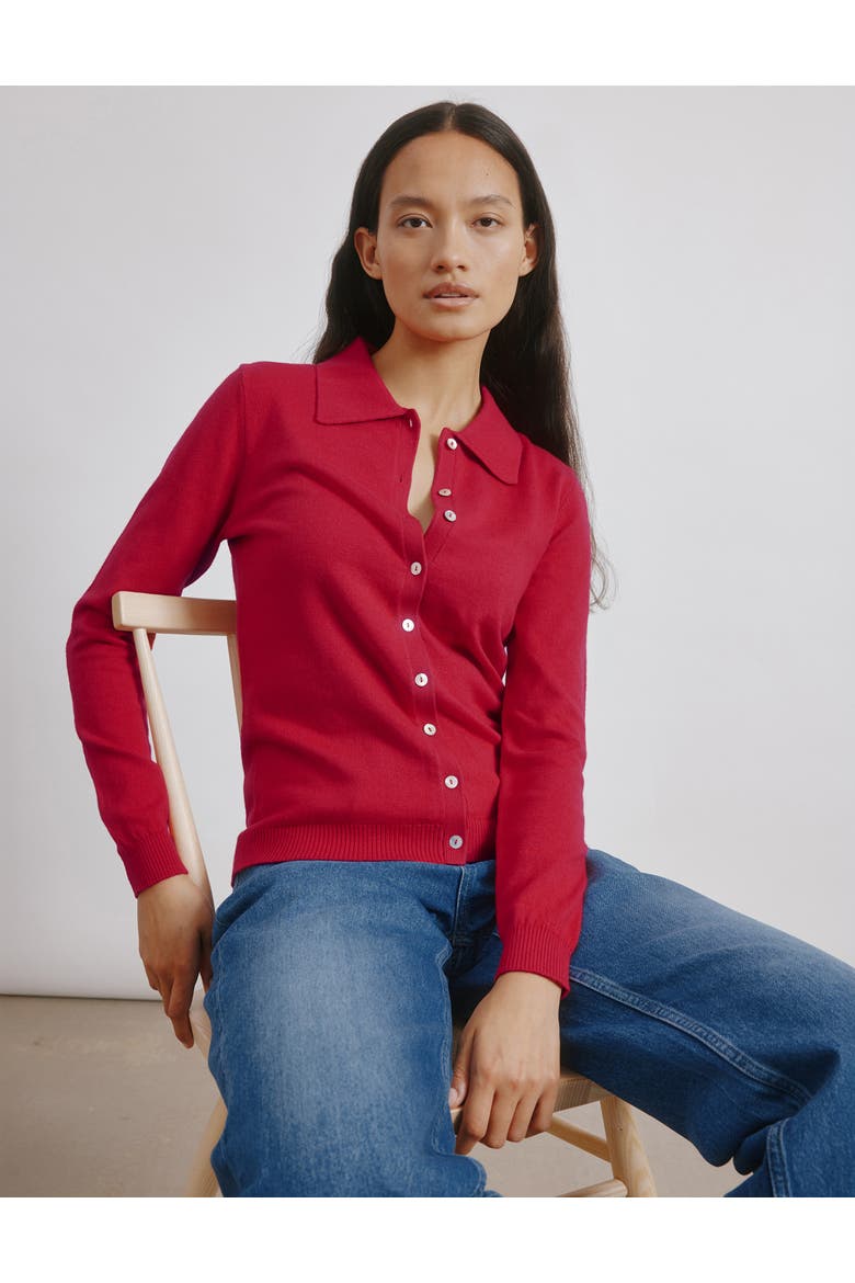 Button Through Polo Top, Alternate, color, Red