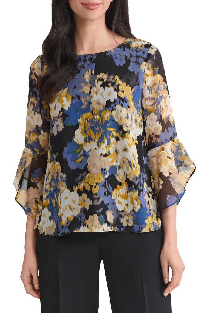 KASPER Abstract Floral Ruffle Sleeve Chiffon Top, Main, color, Black Multi