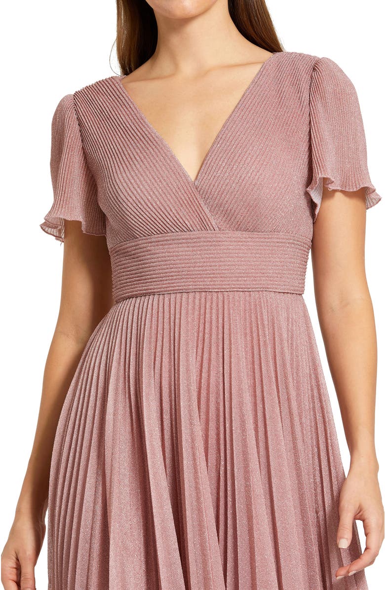 Mac Duggal Women’s Pleated Metallic Flutter Sleeve V-Neck A-Line Gown, Alternate, color, Dusty Rose