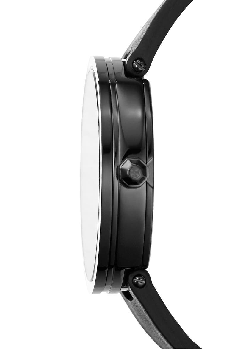 Reva Logo Dial Leather Strap Watch, 36mm, Alternate, color, BLACK/ GOLD