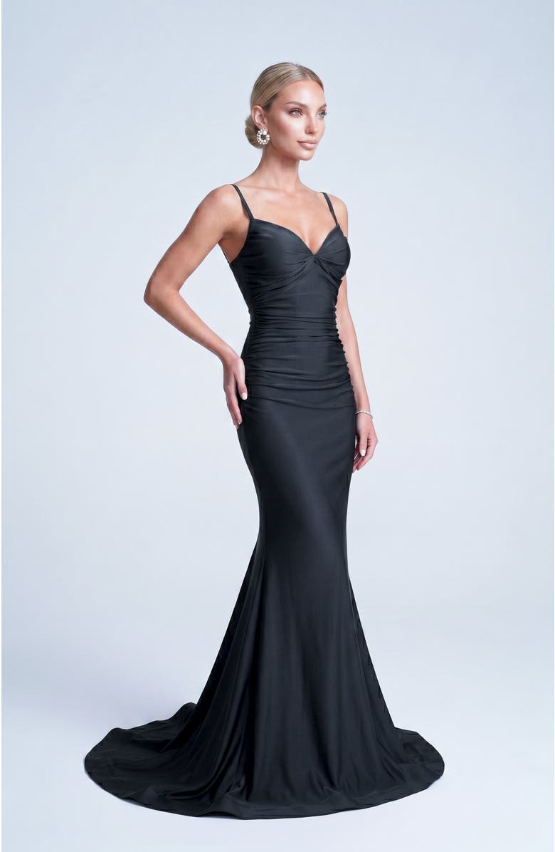 Jessica Angel Ruched Lace-Up Open Back Mermaid Gown, Main, color, Black