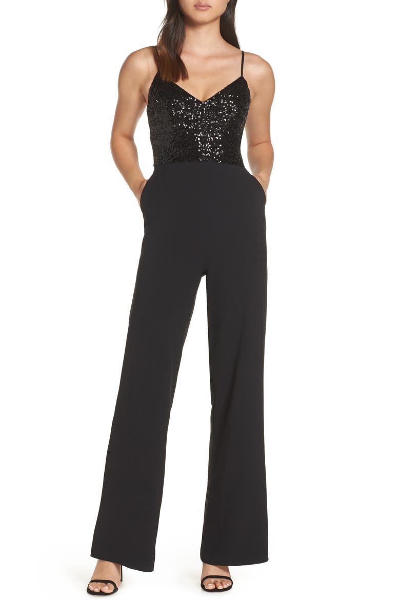 Sequin Embellished Jumpsuit, Main, color, BLACK