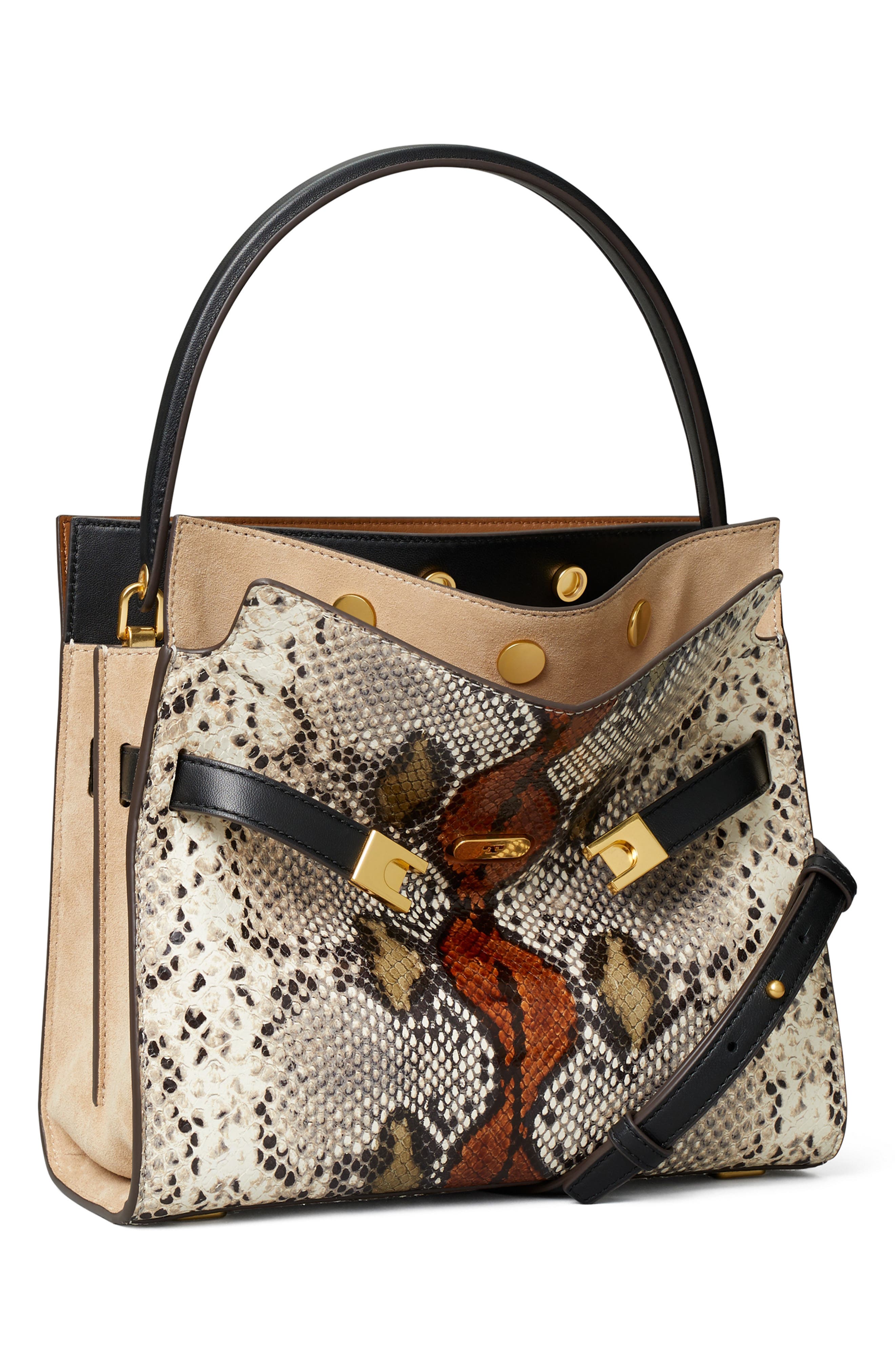 Tory Burch Small Lee Radziwill Snake Embossed Leather Double Bag, Alternate, color, 