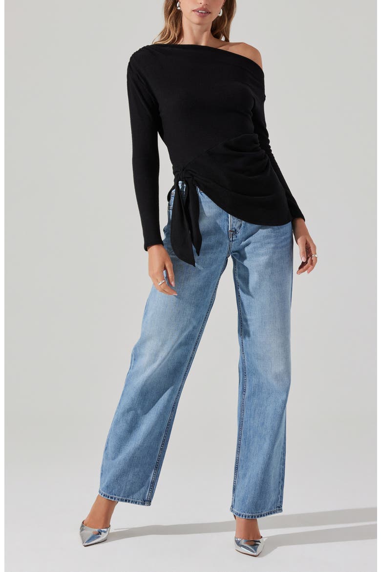 One-Shoulder Tie Hem Knit Top, Alternate, color, BLACK