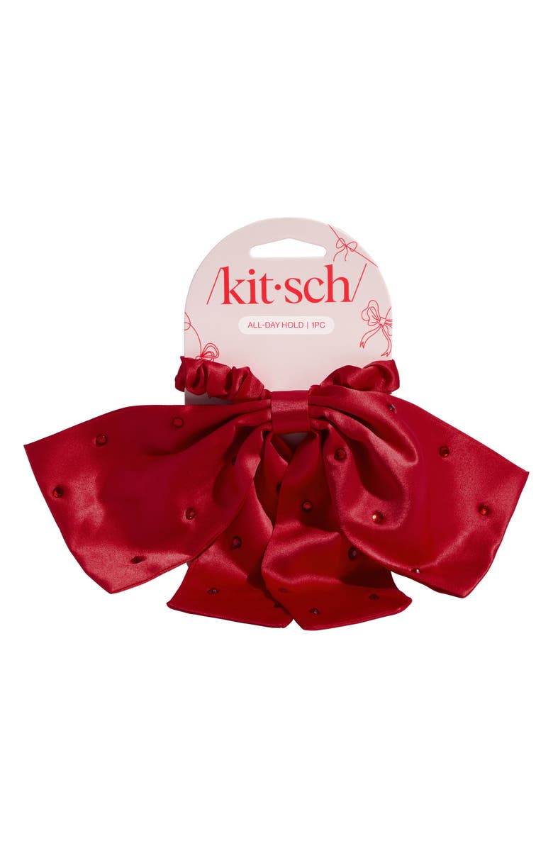 Kitsch Satin Rhinestone Bow Scrunchie, Alternate, color, Red