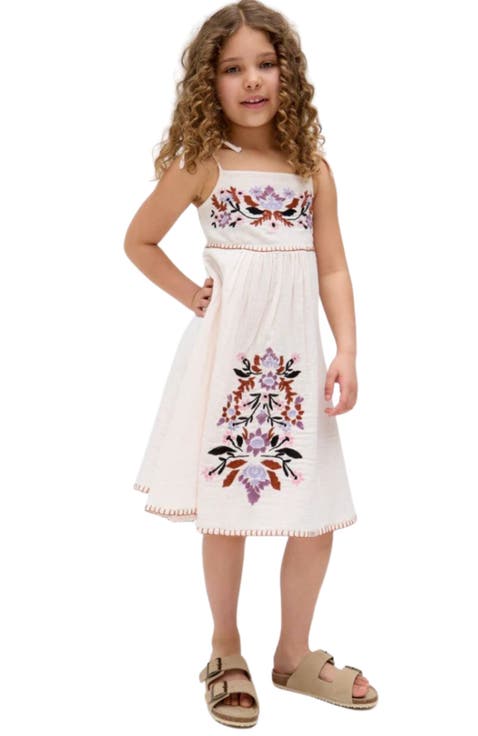 Kids Furla Smocked Panel Embroidered Dress In Cream