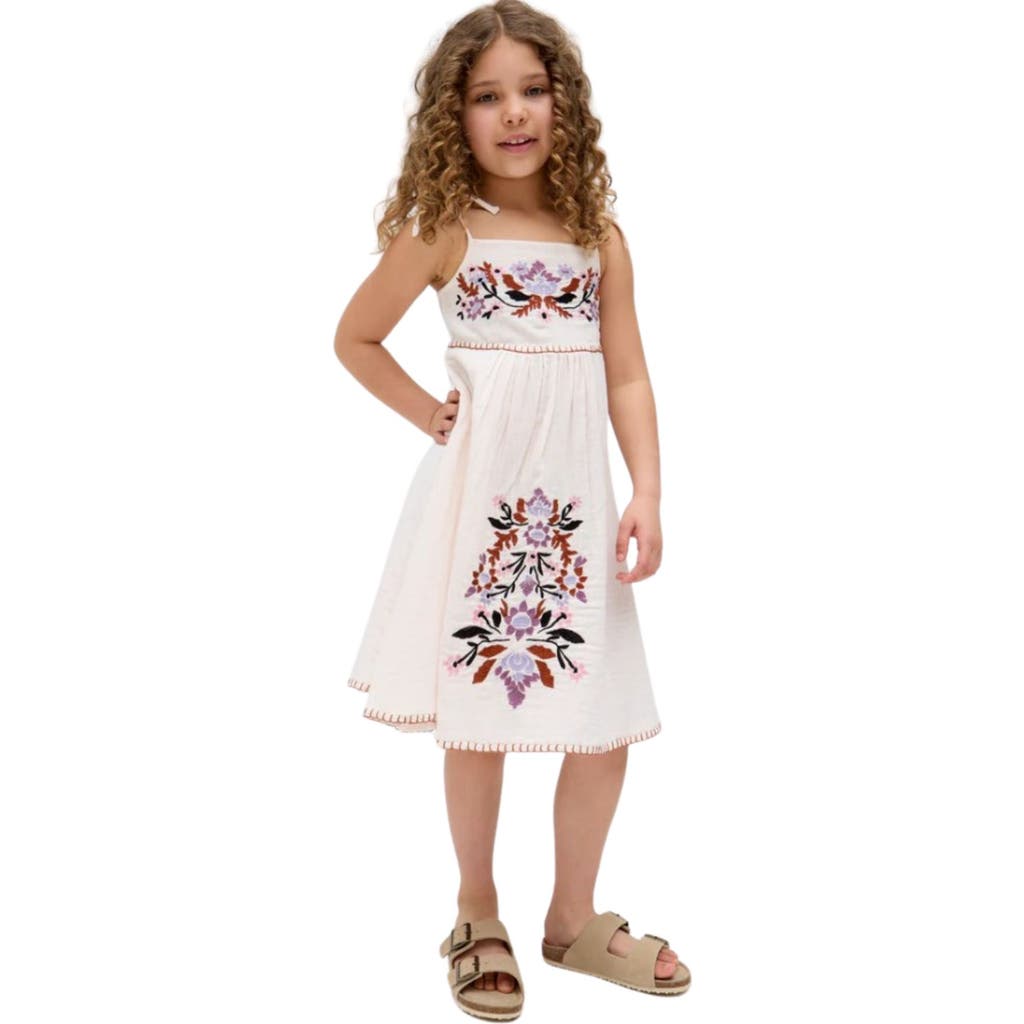 Raffya Kids Kids Furla Smocked Panel Embroidered Dress In Cream In Sand