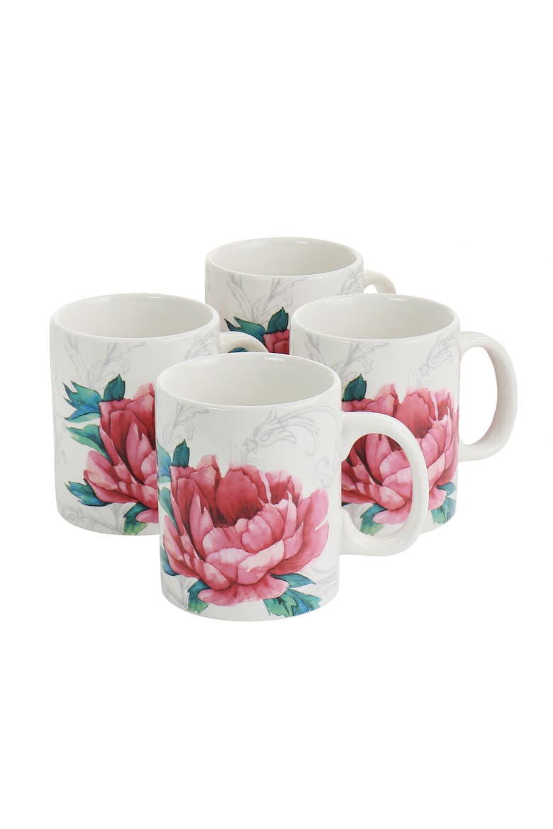 Peony 4 Piece 16 Ounce Fine Ceramic Mug Set in, Main, color, White and Pink