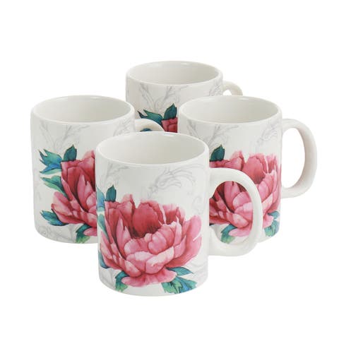 Peony 4 Piece 16 Ounce Fine Ceramic Mug Set in