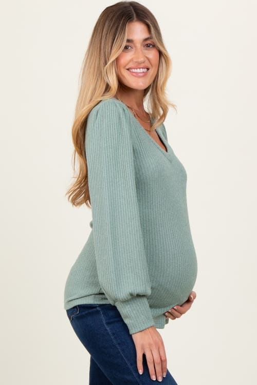 Pinkblush Ribbed Knit V-neck Button Cuff Top In Green