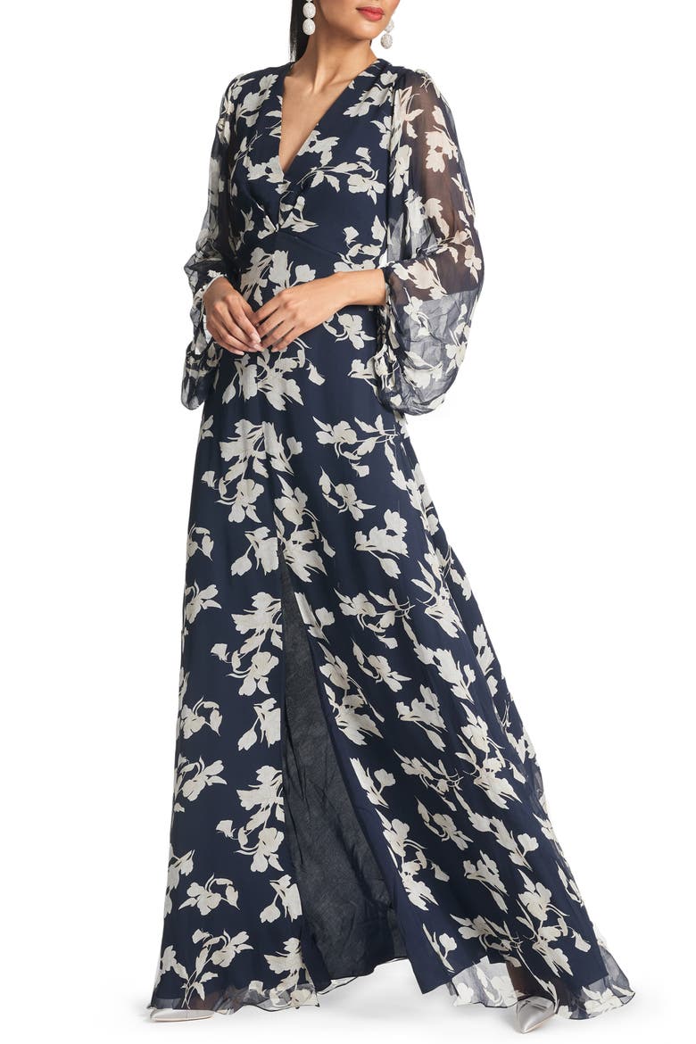 Jenny Floral Balloon Sleeve Gown, Main, color, NAVY VENETIA PETAL