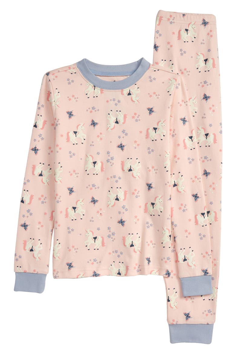 Kids' Glow in the Dark Fitted Two-Piece Cotton Pajamas, Main, color, PINK ENGLISH UNICORNS GLOW