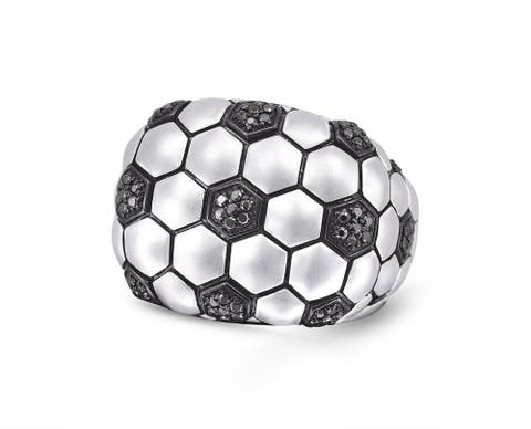 Soccer Football Silver & Black Diamond Statement Men Ring