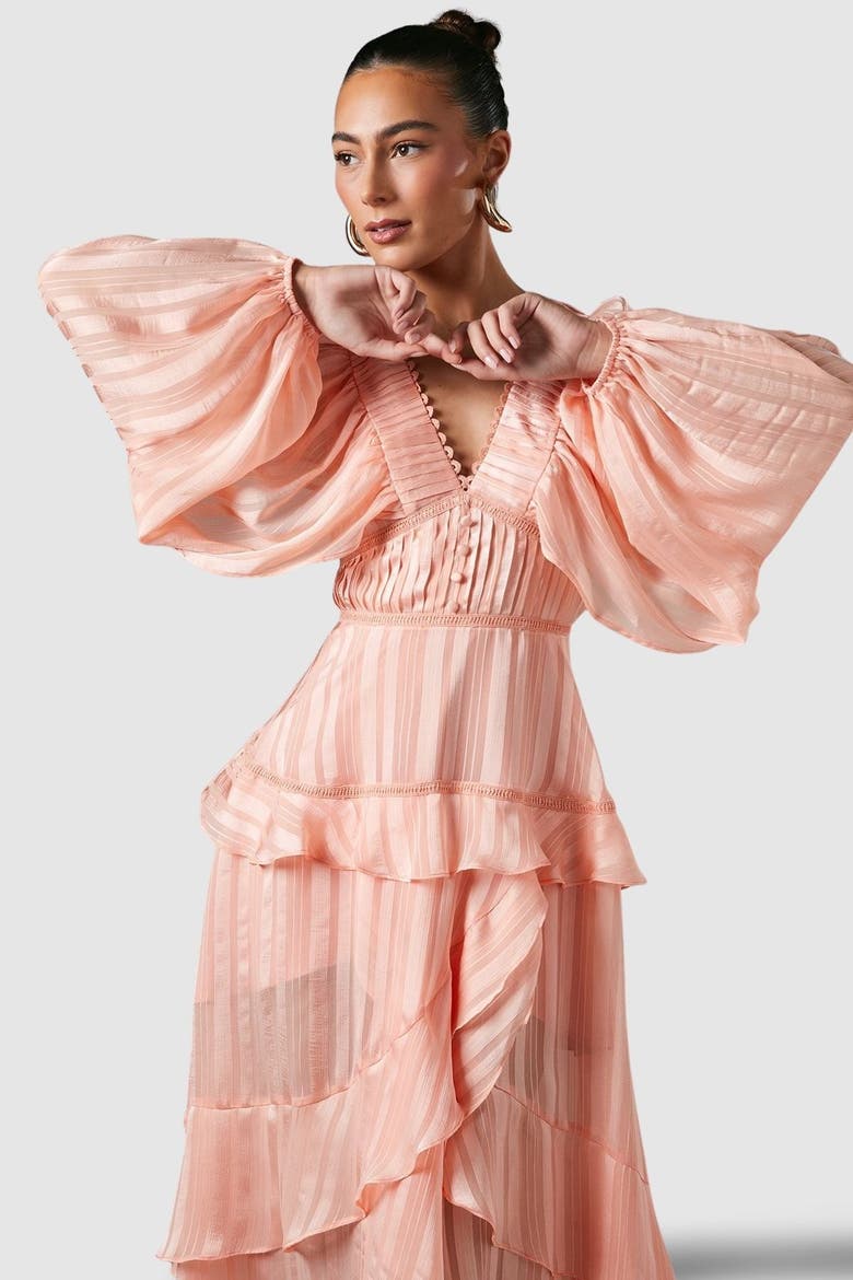 Blouson Sleeve Frill Midi Dress, Alternate, color, Apricot