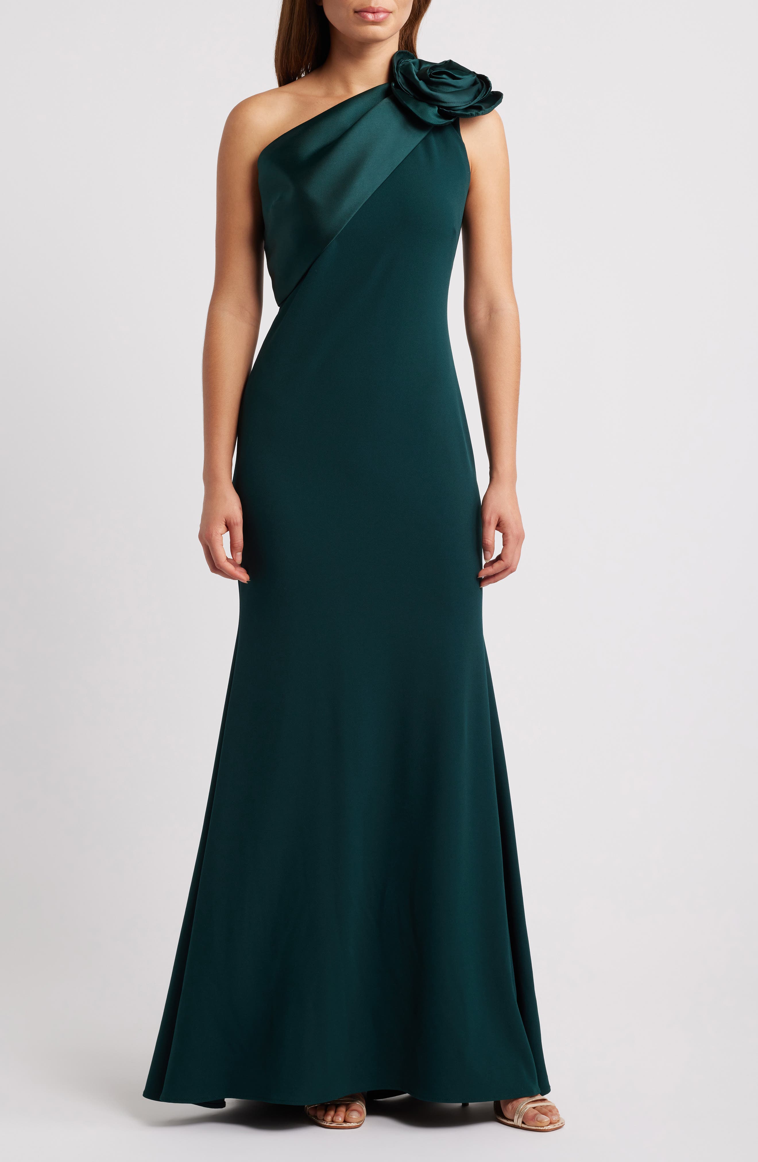 Betsy & Adam Rosette One-Shoulder Crepe Trumpet Gown in Pine 