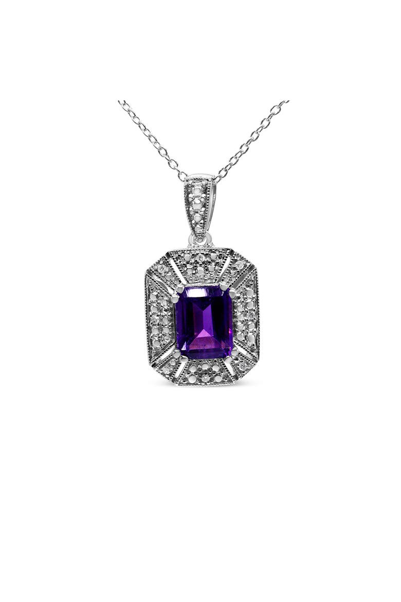 Silver Purple Amethyst and Diamond Accent Art Deco Style Pendant Necklace, Main, color, White