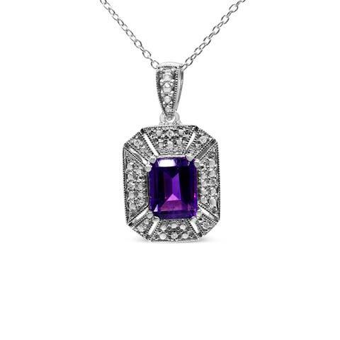 Silver Purple Amethyst and Diamond Accent Art Deco Style Pendant Necklace