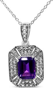 Haus of Brilliance Silver Purple Amethyst and Diamond Accent Art Deco Style Pendant Necklace