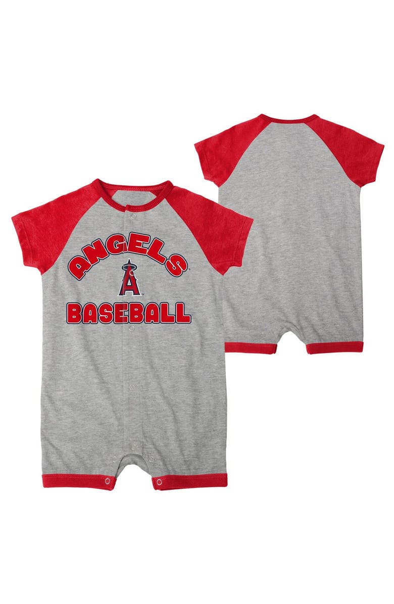 Outerstuff Infant  Heather Gray Los Angeles Angels Extra Base Hit Raglan Full-Snap Romper, Main, color, 