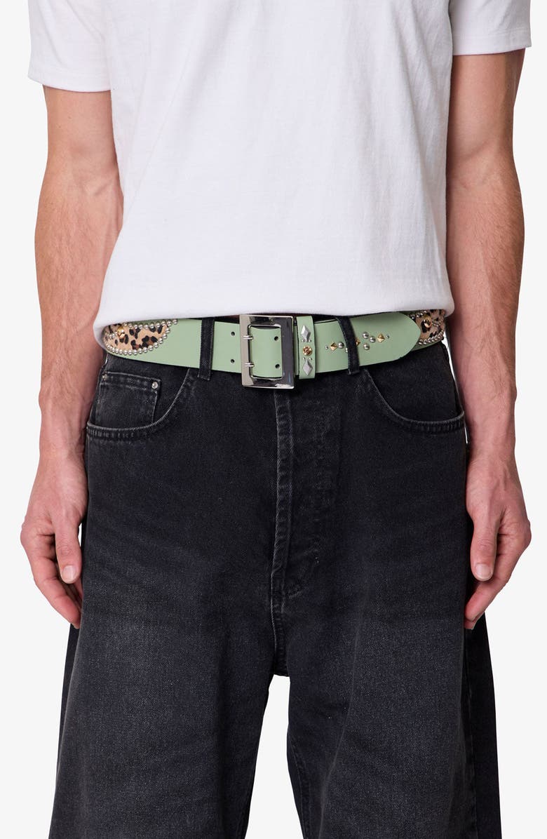 mnml Leopard Stud Leather Belt, Alternate, color, Sage/ Cheetah