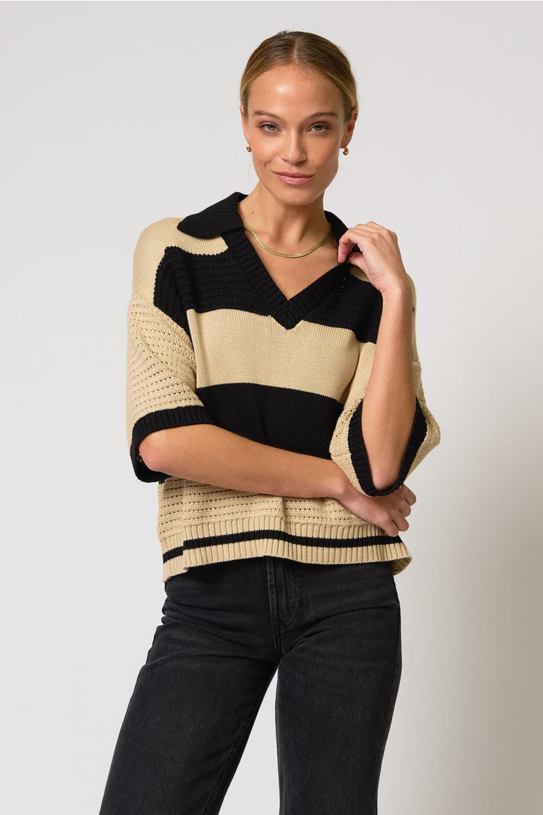 Dean Mixed Stitch Rugby Sweater, Alternate, color, Black/Beige