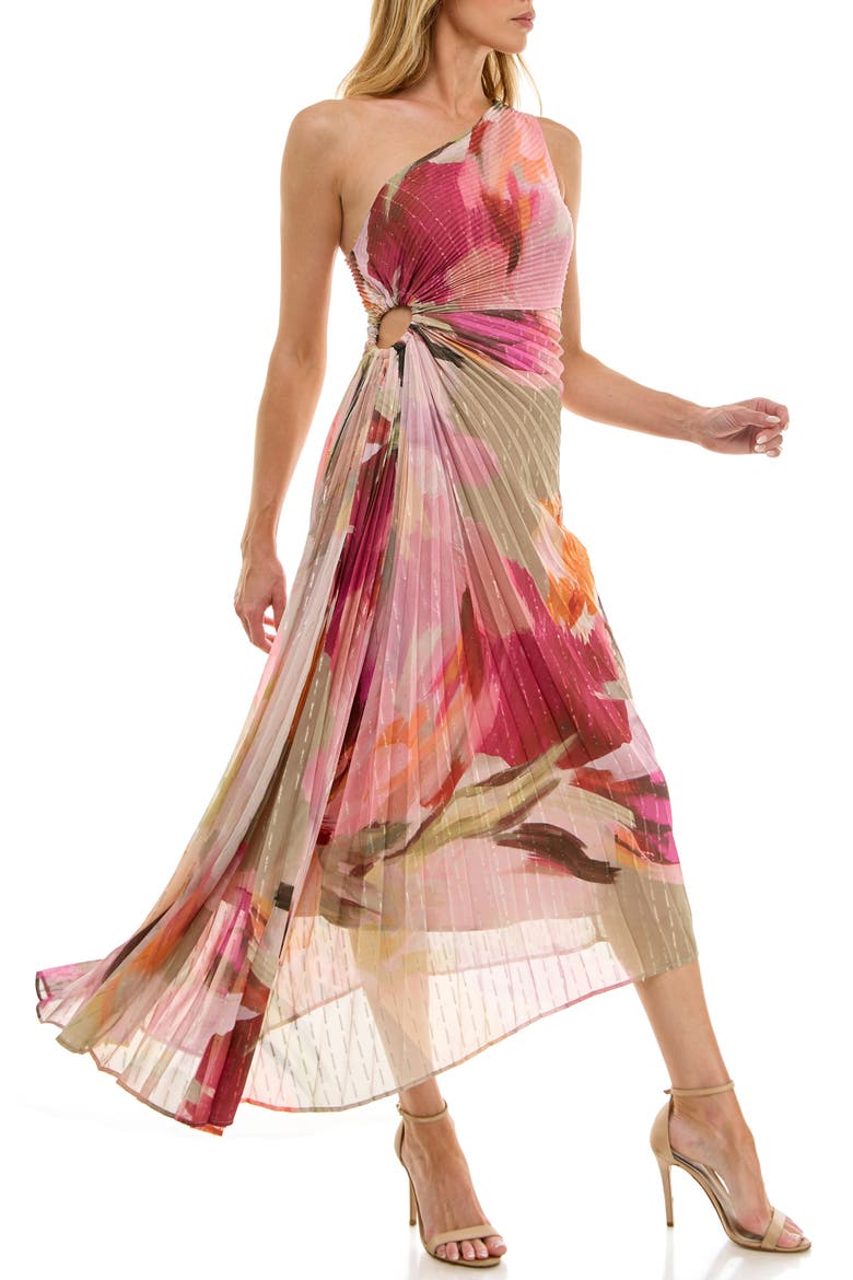 Floral Metallic Stripe One-Shoulder Pleated Dress, Alternate, color, SAGE/ PINK