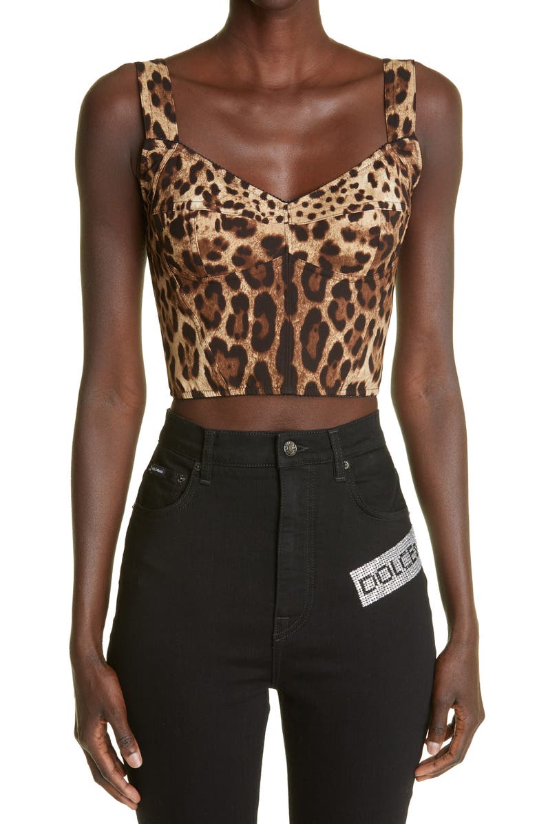 Dolce&Gabbana Leopard Print Silk Blend Charmeuse Bustier Top, Main, color, Light Brown Print