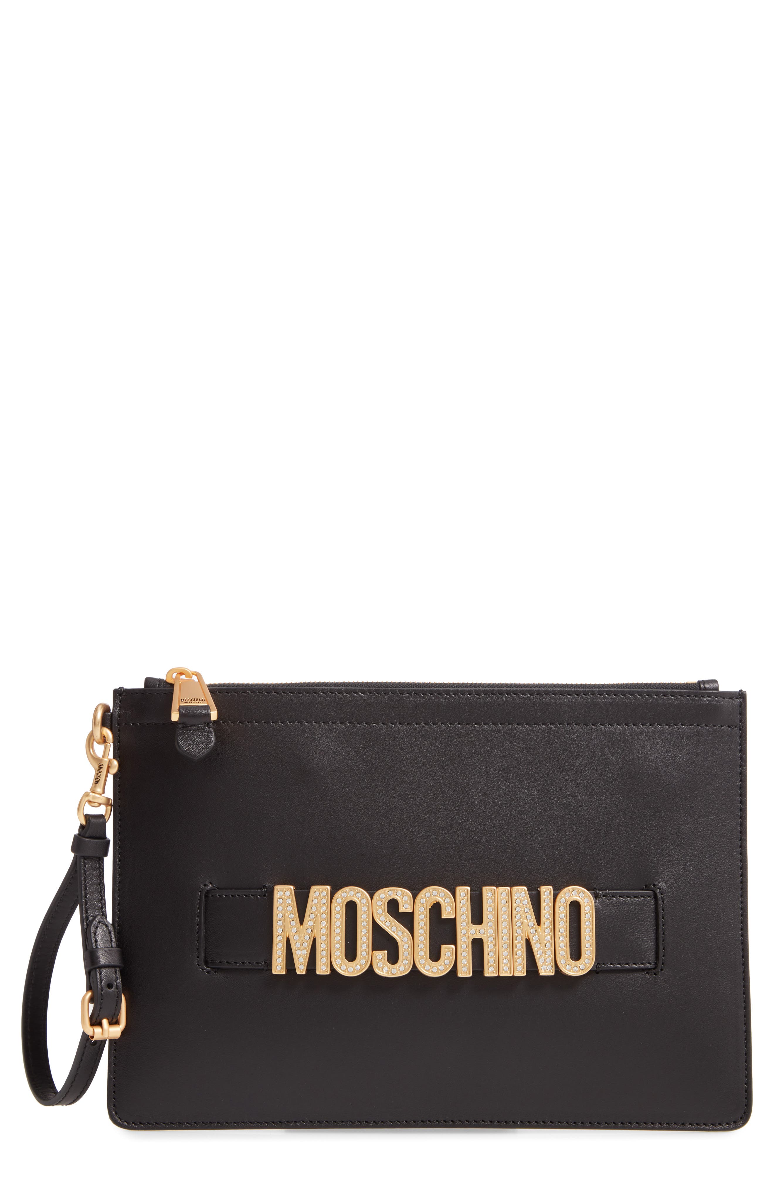 Moschino Embellished Logo Clutch, Main, color, 