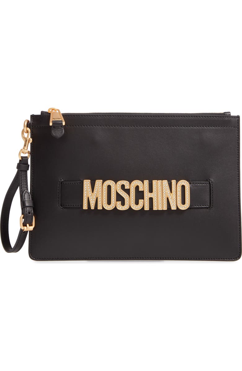 Moschino Embellished Logo Clutch, Main, color,