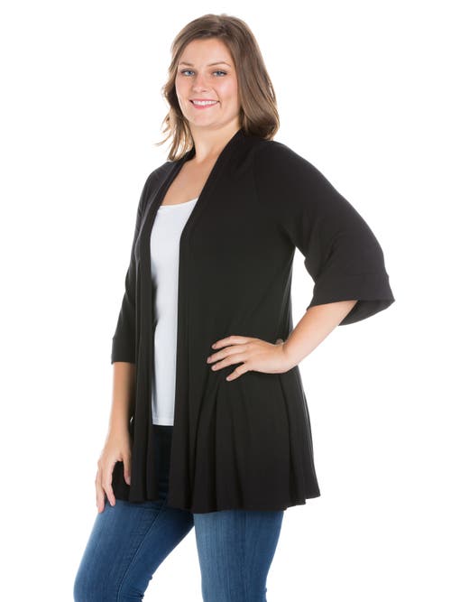 24seven Comfort Apparel Plus Size Elbow Length Sleeve Open Front Cardigan In Black