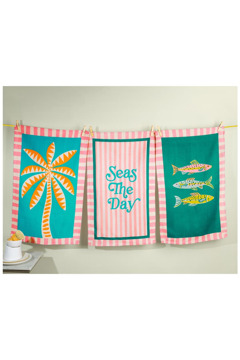 Seas the Day Set of 3 Cotton Waffle Kitchen Towels, Alternate, color, TEAL/ PINK/ ORANGE/