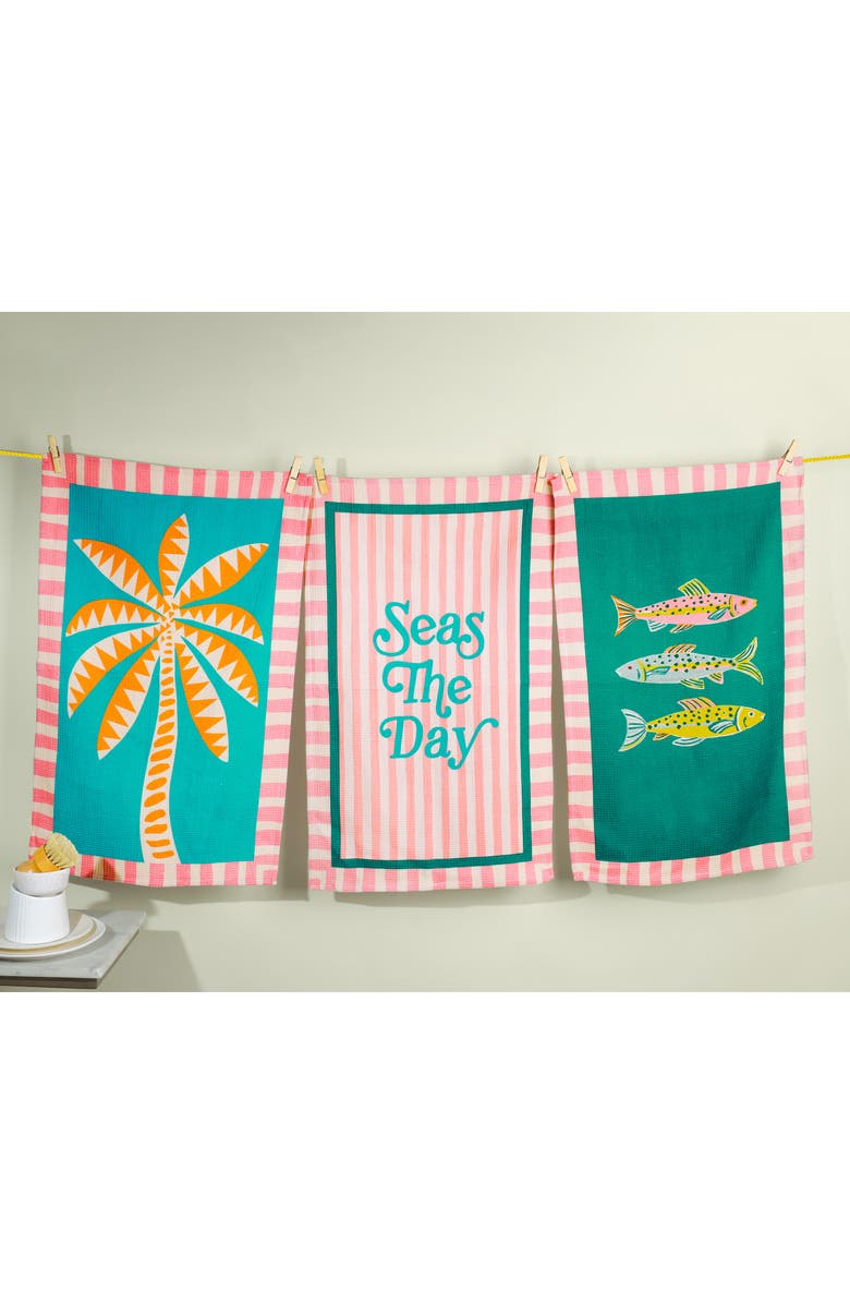 Tiramisu Seas the Day Set of 3 Cotton Waffle Kitchen Towels, Alternate, color, Teal/ Pink/ Orange/