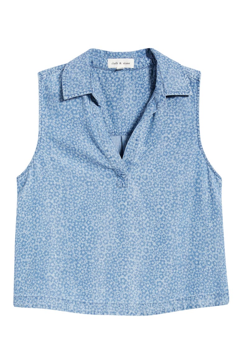 Print Johnny Collar Top, Alternate, color, DENIM FLOWER