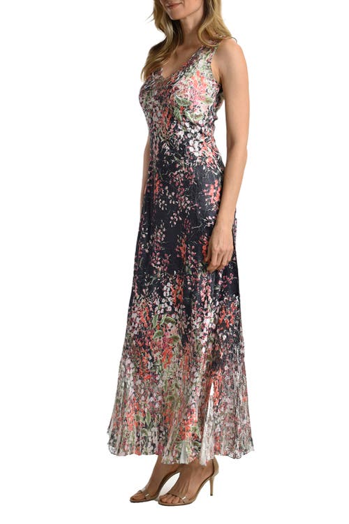 Komarov Floral Border Long Dress With Lace Up Back Detail In Multi