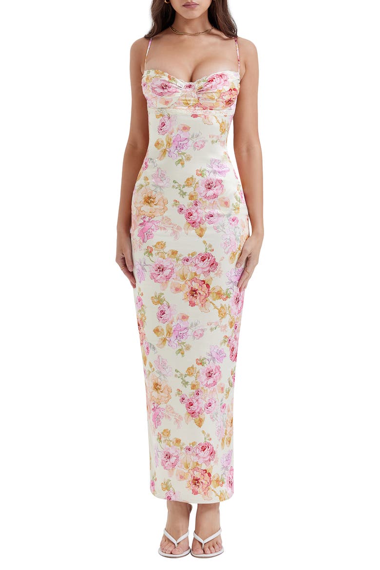 Josefina Floral Bustier Bodice Stretch Satin Body-Con Dress, Main, color, IVORY FLORAL