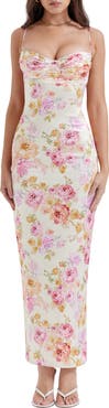 HOUSE OF CB Josefina Floral Bustier Bodice Stretch Satin Body-Con Dress