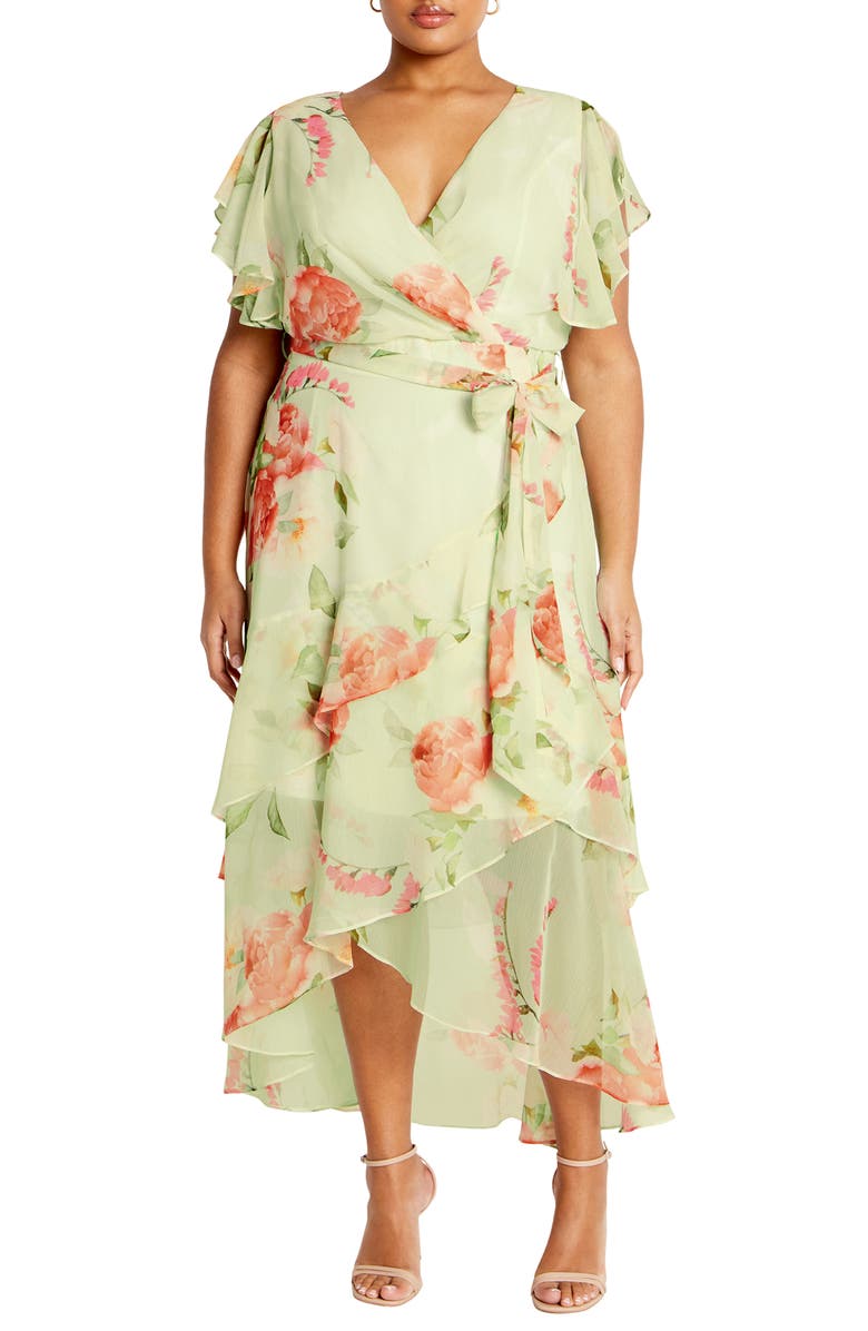 City Chic Floral High Low Faux-Wrap Dress, Main, color, Petal Print
